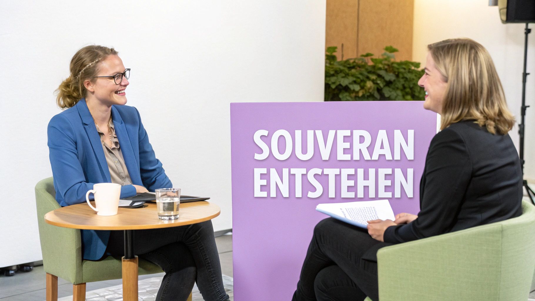 Zwei lächelnde Frauen sitzen sich bei einem Gespräch gegenüber, mit einem lila Schild mit der Aufschrift „SOUVERÄN ENTSTEHEN“.