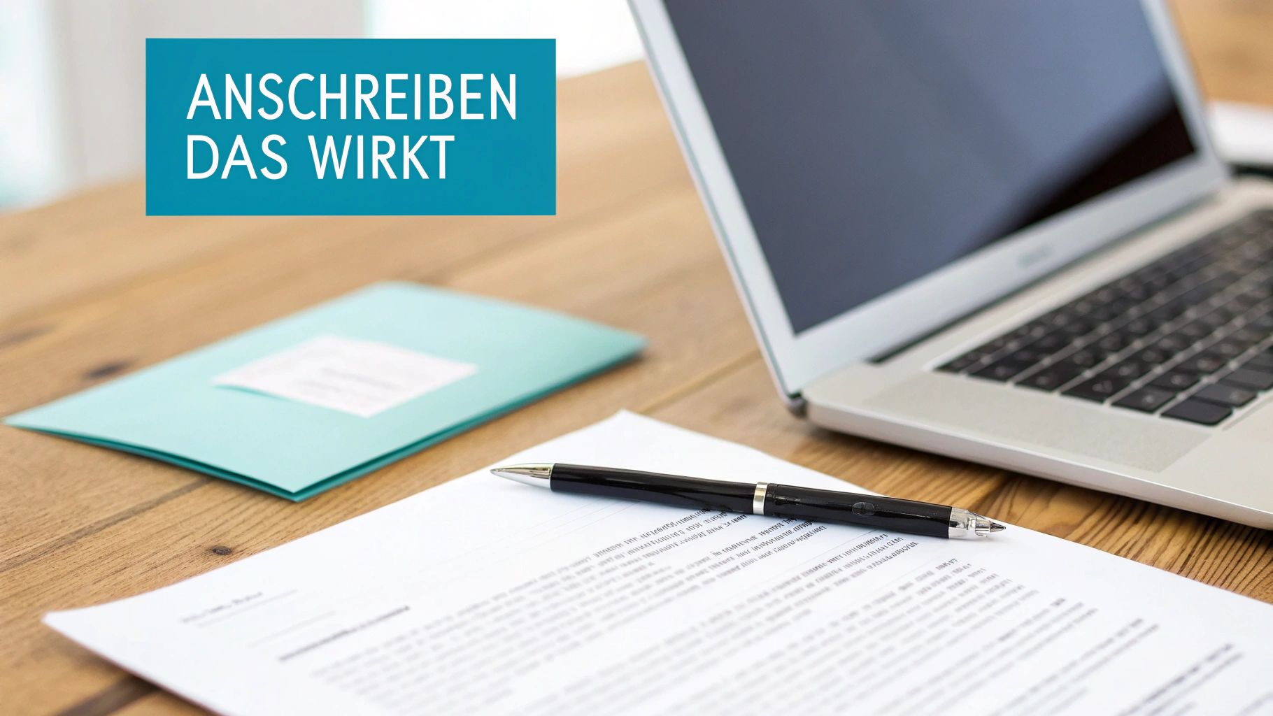 Ein Schreibtisch mit Laptop, Stift, Dokumenten und einem hellblauen Ordner, dazu der Text 'Anschreiben Das Wirkt'.