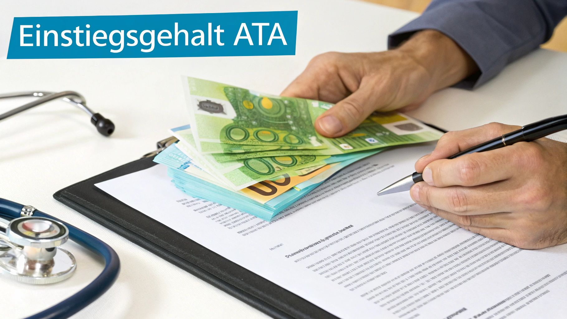 Hände unterschreiben einen Vertrag über das Einstiegsgehalt für ATA, mit Euro-Banknoten und Stethoskop.