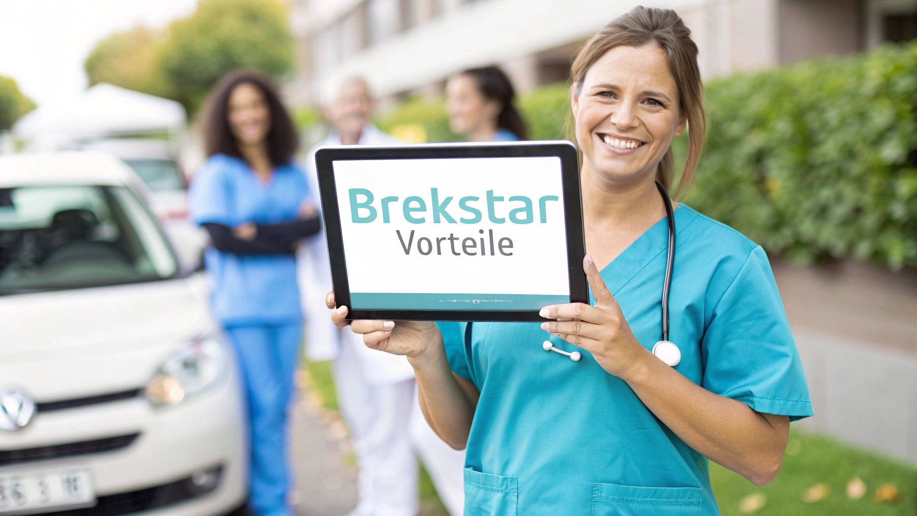 Lächelnde Krankenschwester hält Tablet mit "Brekstar Vorteile", im Hintergrund medizinisches Personal.