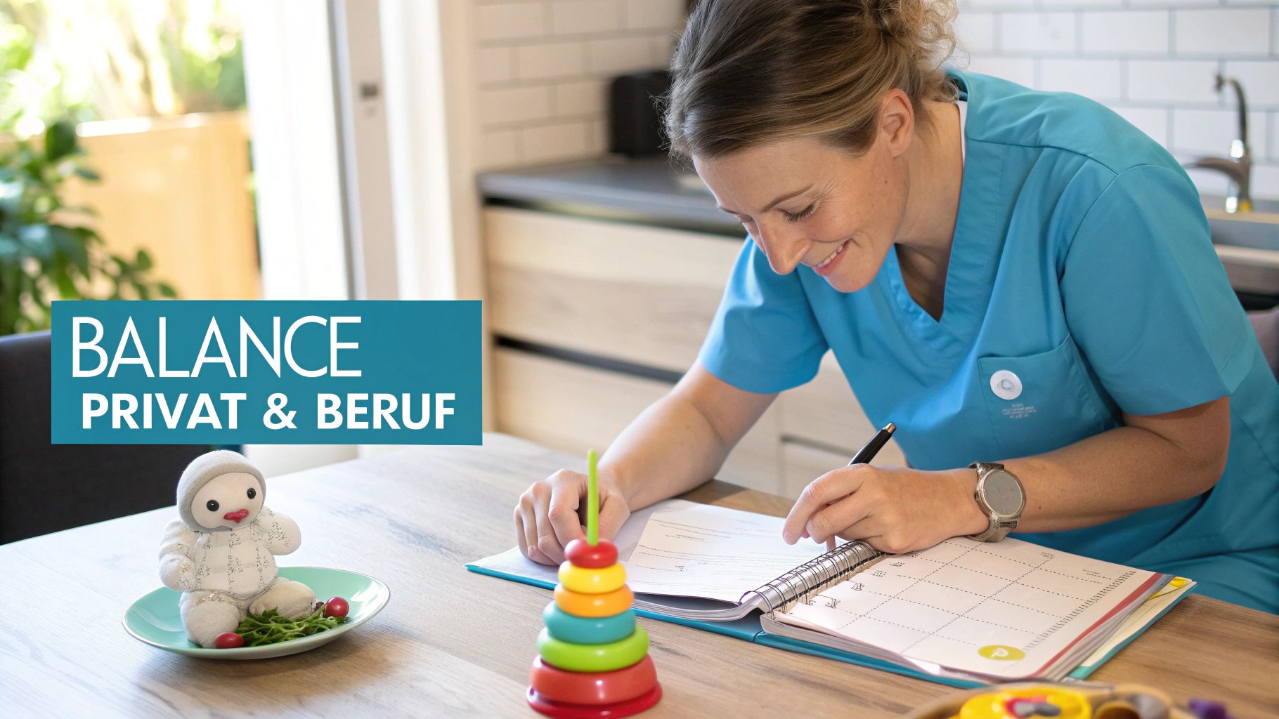 Eine lächelnde Frau in medizinischer Kleidung plant ihren Tag an einem Holztisch mit Kinderspielzeug.