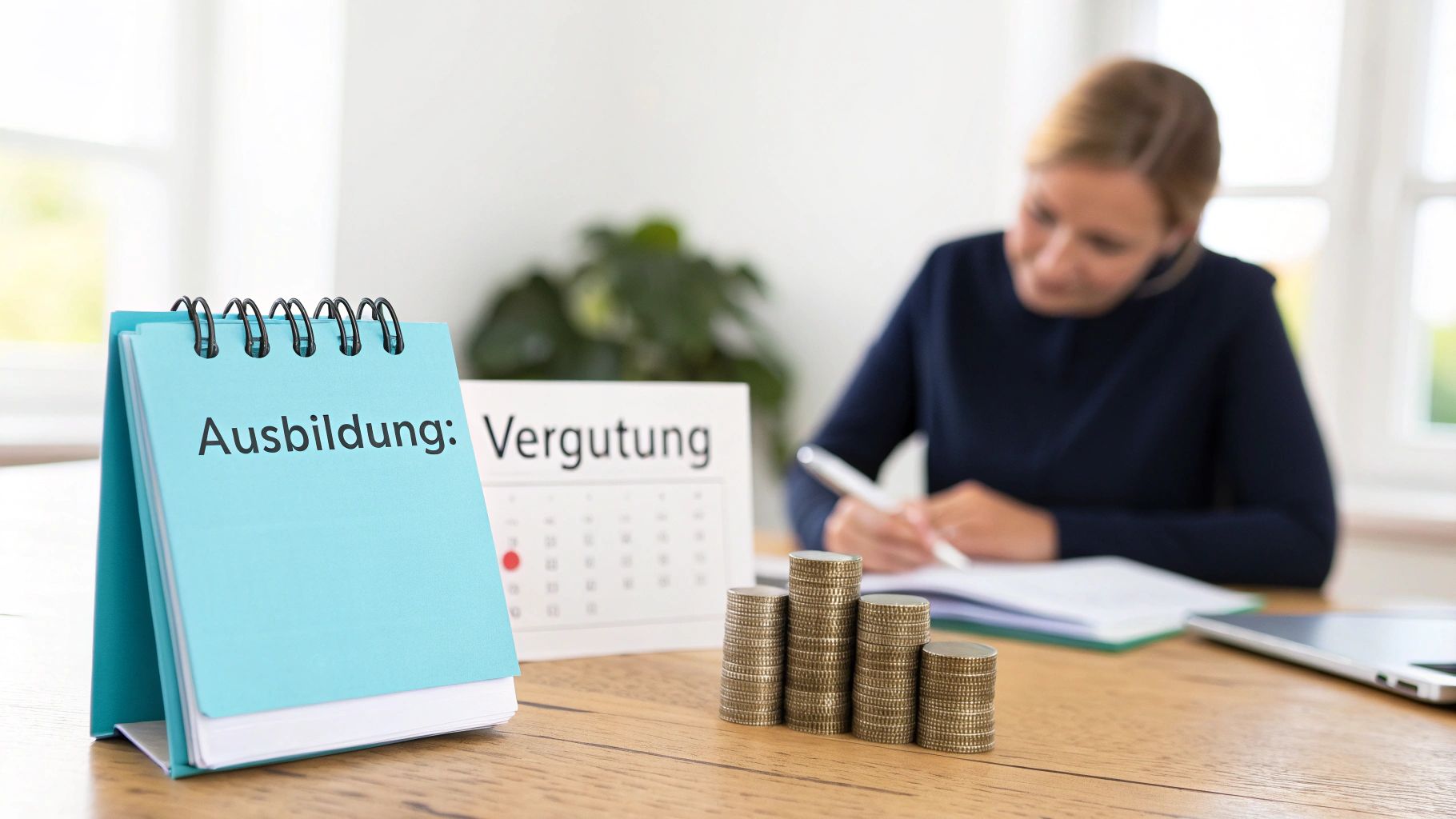 Blauer Notizblock mit Aufschrift 'Ausbildung: Vergütung' neben Münzstapeln auf einem Schreibtisch.