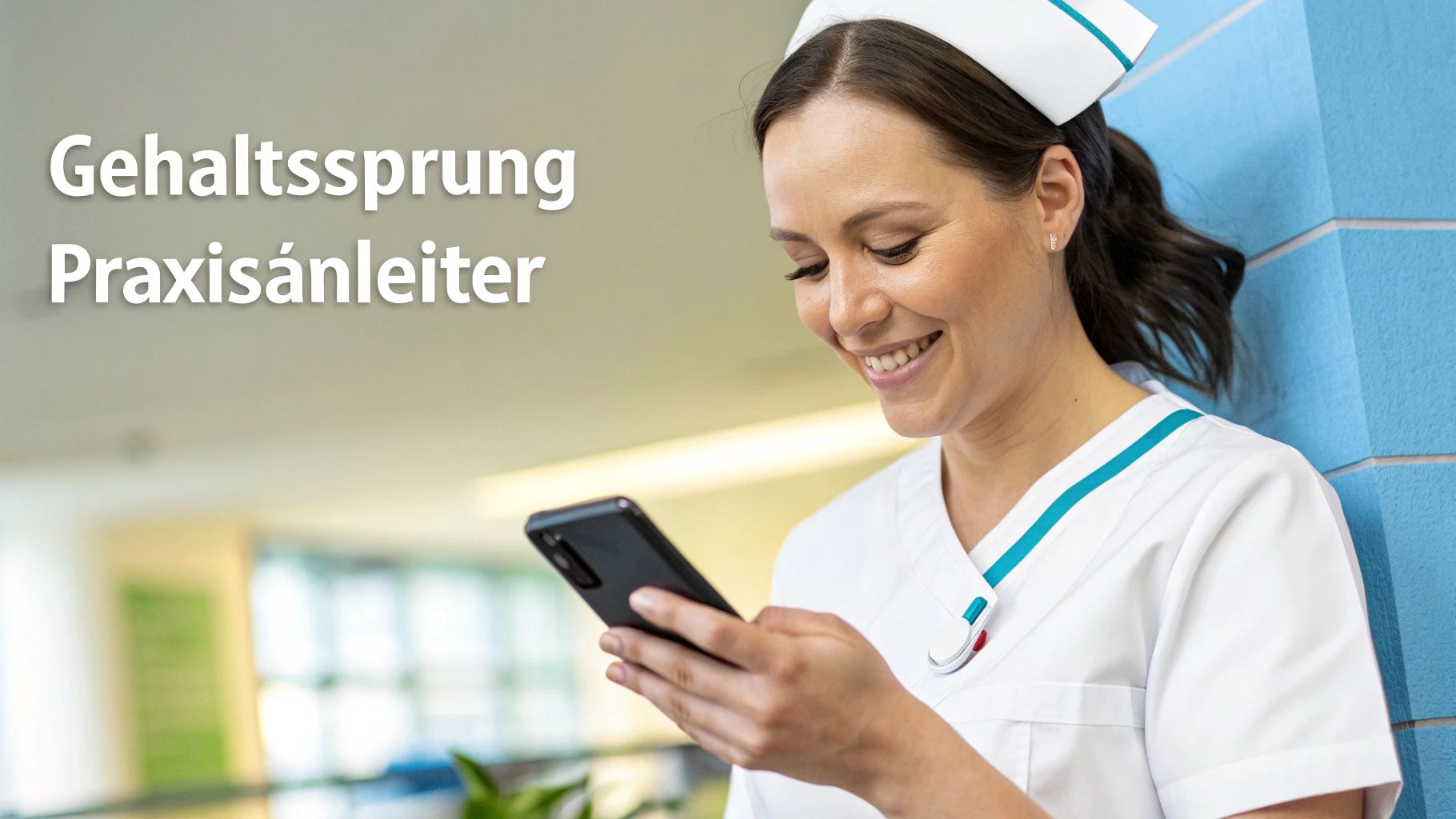 Lächelnde Pflegefachkraft mit Smartphone und dem Text 'Gehaltssprung Praxisanleiter'.