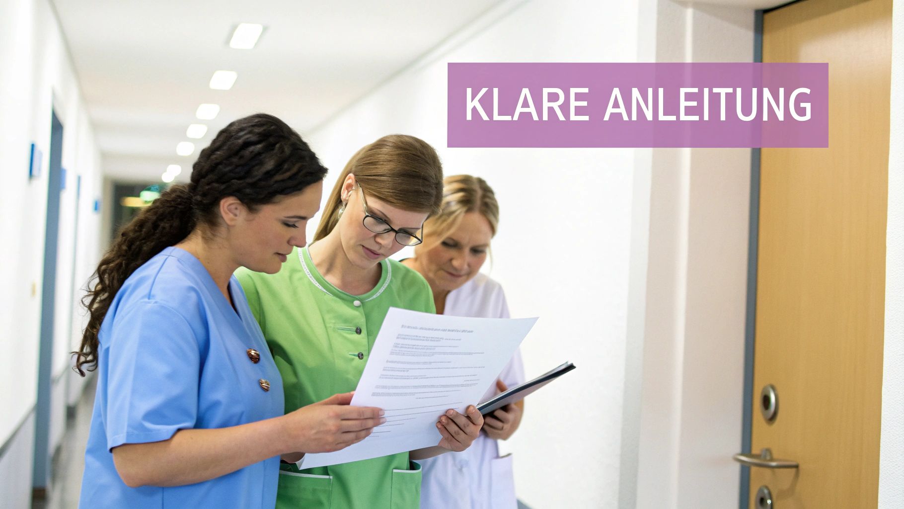 Drei Pflegerinnen in einem Krankenhausflur prüfen gemeinsam Unterlagen mit klaren Anweisungen.