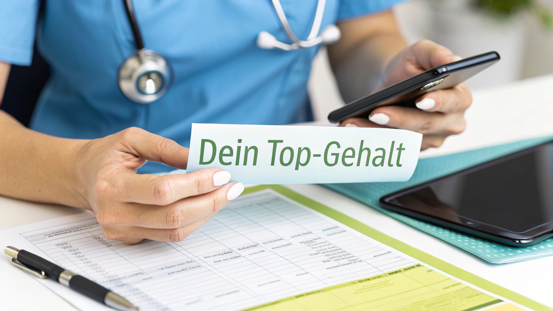 Medizinische Fachkraft mit Stethoskop hält Zettel "Dein Top-Gehalt" und Smartphone, daneben liegen Unterlagen.