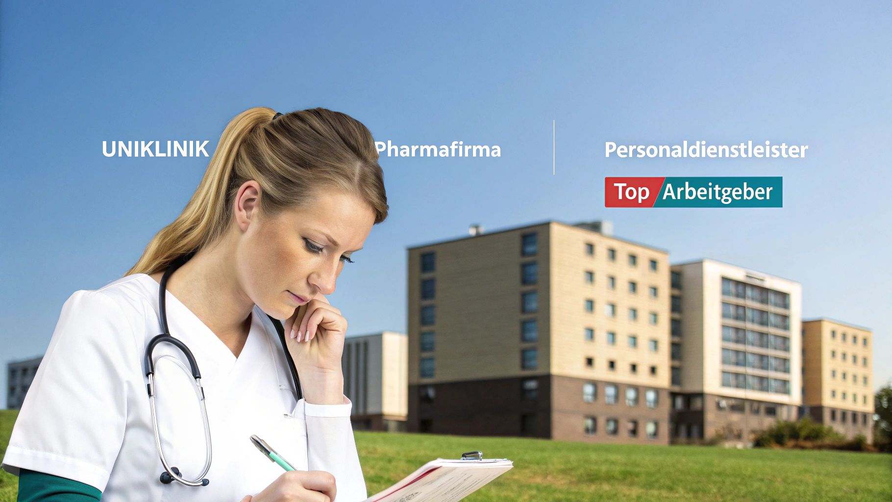 Eine Ärztin oder Krankenschwester schaut auf einen Klemmbrett, mit Texten wie Uniklinik und Top Arbeitgeber.