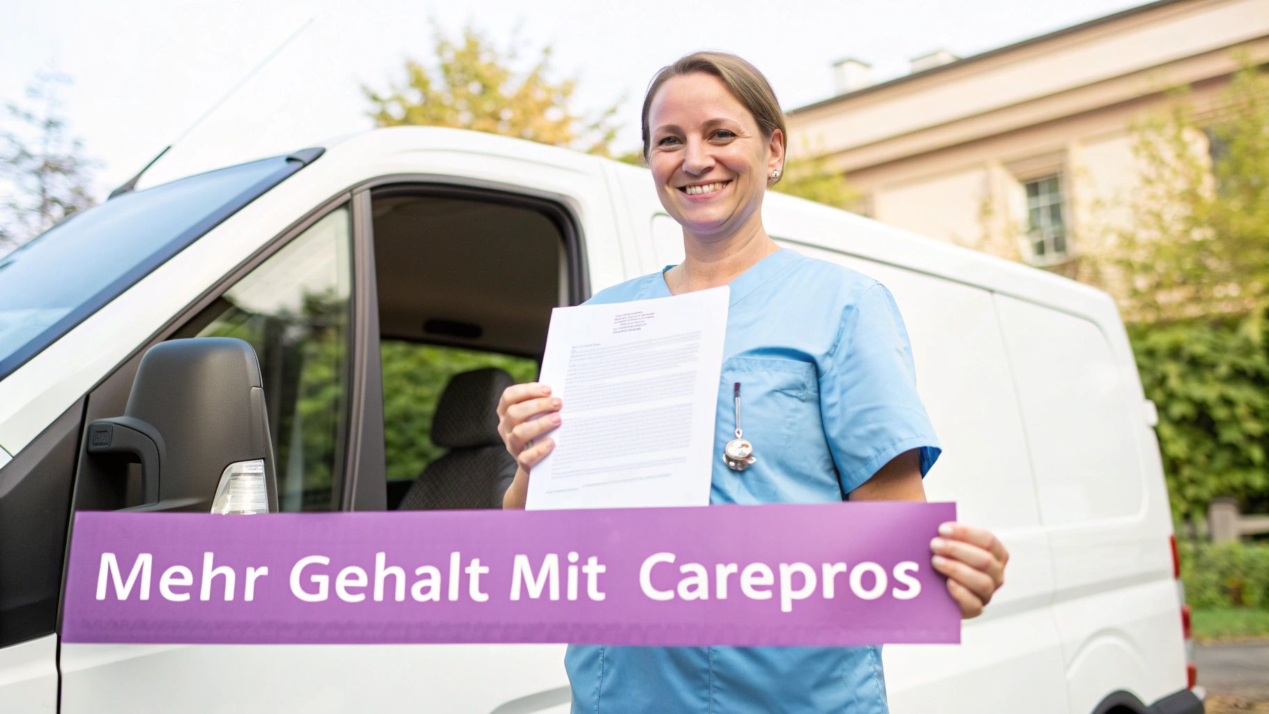 Lächelnde Pflegekraft in blauer Uniform hält ein Dokument und ein lila Schild mit 'Mehr Gehalt Mit Carepros' vor einem weißen Lieferwagen.