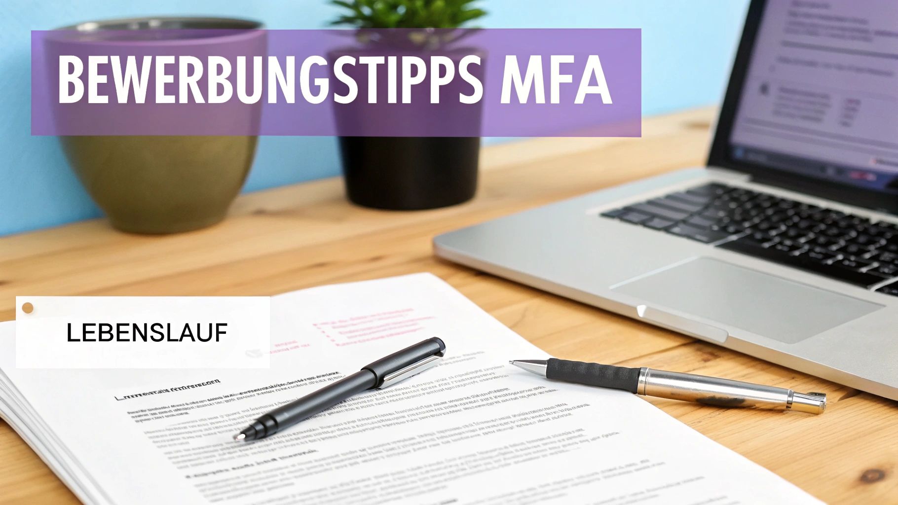 Bewerbungsunterlagen mit Lebenslauf und Stiften auf einem Schreibtisch, darüber der Text 'BEWERBUNGSTIPPS MFA'.