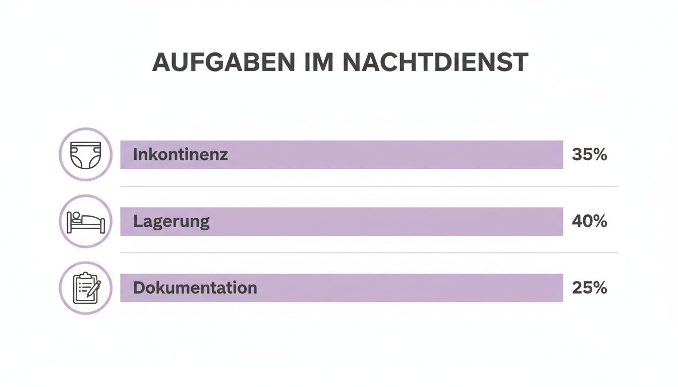 Balkendiagramm über Aufgaben im Nachtdienst: Inkontinenz 35%, Lagerung 40%, Dokumentation 25%.