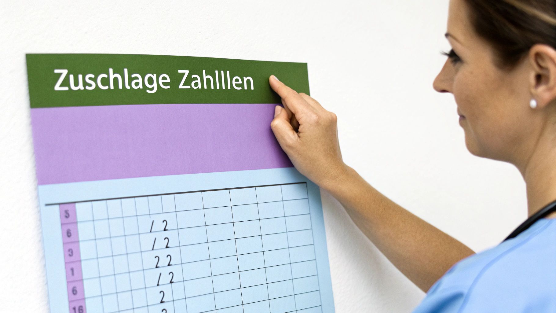 Eine Krankenpflegerin zeigt auf ein Formular mit der Überschrift "Zuschläge Zahlen" und einer Tabelle.