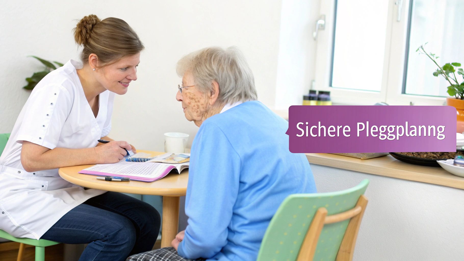 Pflegekraft spricht mit älterer Frau am Tisch über Pflegeplanung, Text: Sichere Plegplanung.