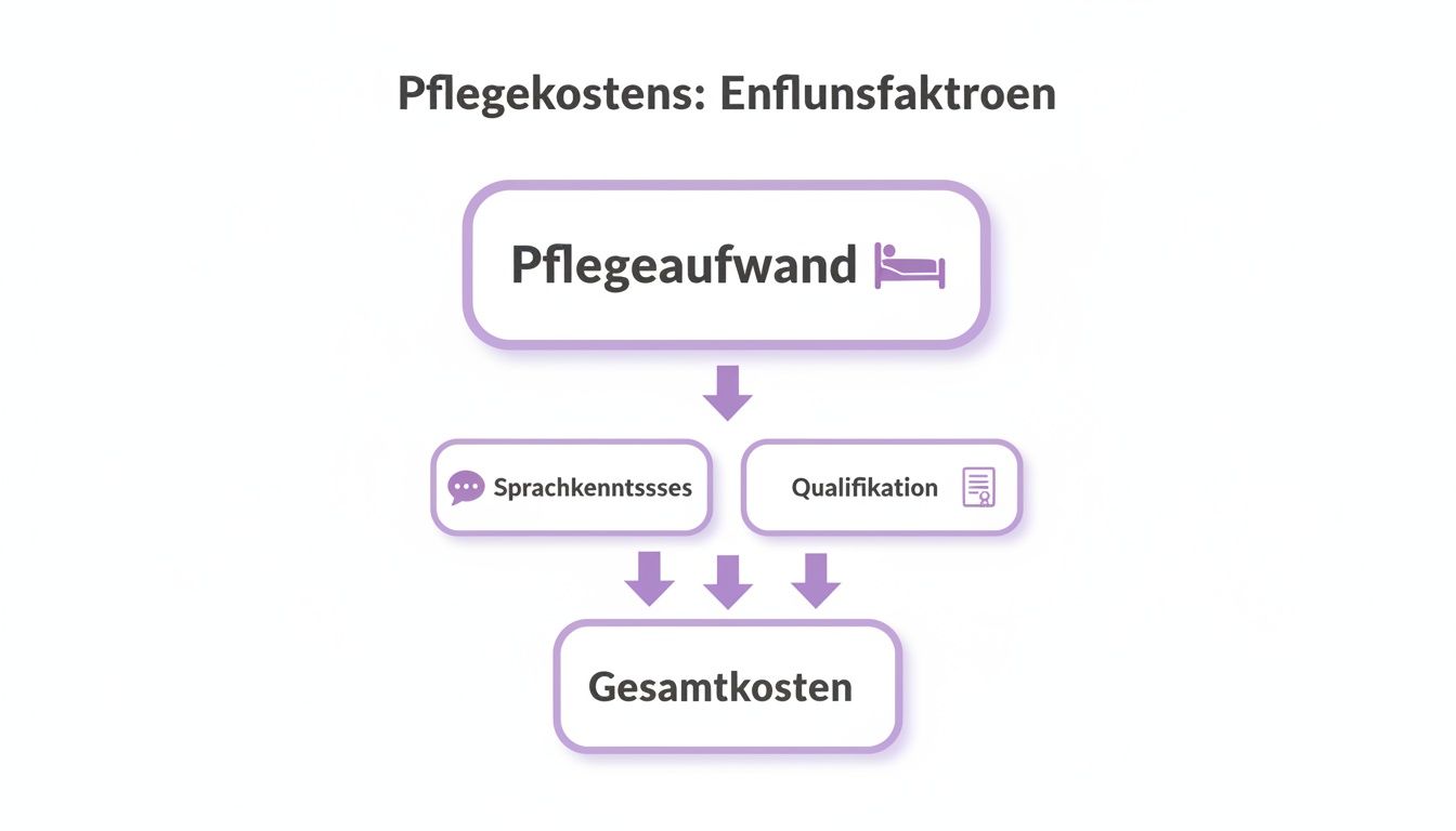 Diagramm zu Einflussfaktoren auf Pflegekosten: Pflegeaufwand, Sprachkenntnisse und Qualifikation beeinflussen die Gesamtkosten.