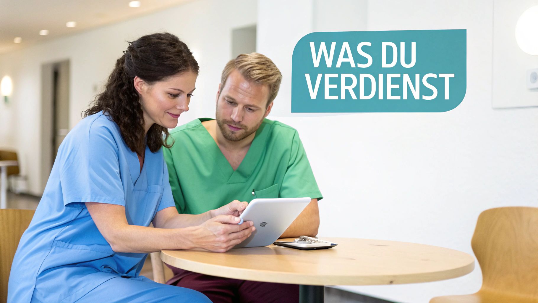 Zwei lächelnde Pflegekräfte in Kitteln sitzen an einem Tisch und schauen auf ein Tablet. Text: WAS DU VERDIENST.