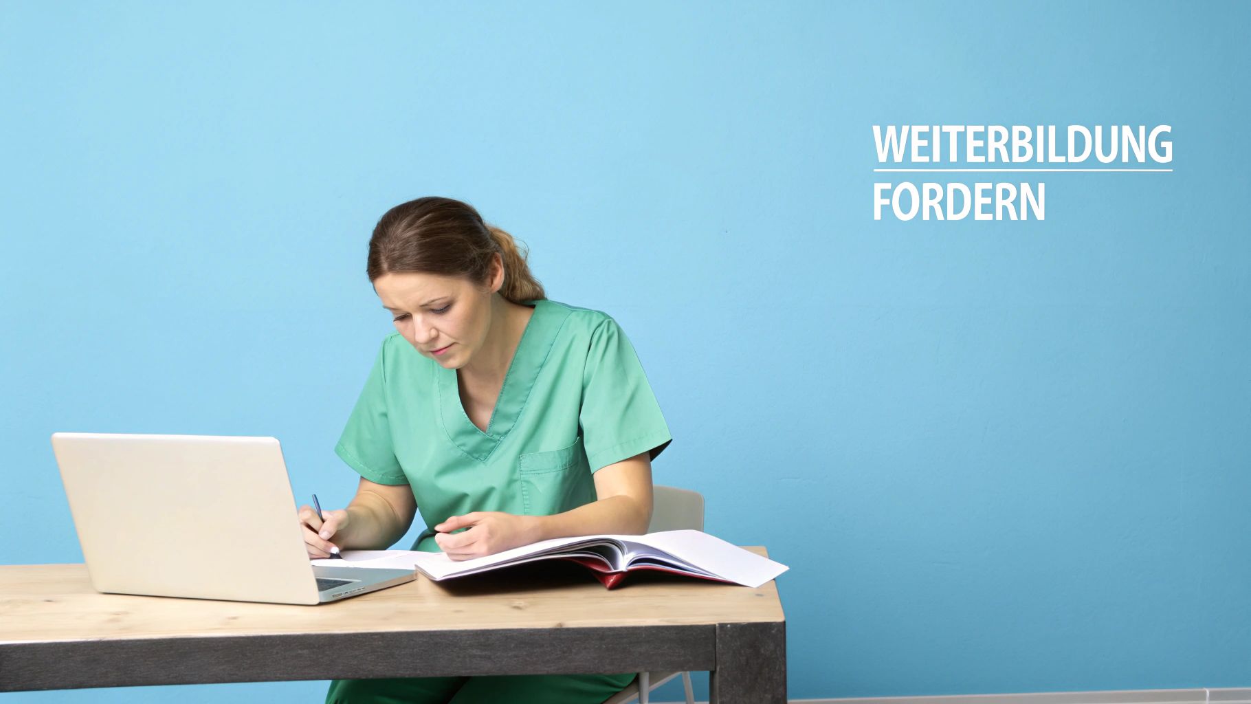 Eine Pflegekraft in grüner Arbeitskleidung lernt an einem Schreibtisch mit Laptop und Buch für ihre Weiterbildung.