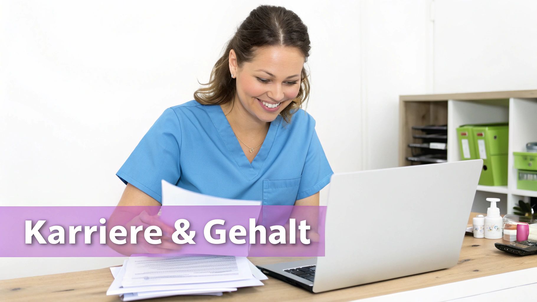 Eine glückliche Krankenschwester oder medizinische Fachkraft am Schreibtisch mit Laptop und Papieren, überlagert mit "Karriere & Gehalt".