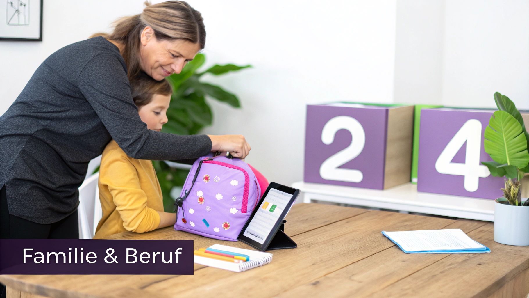 Eine Mutter hilft ihrem Kind beim Packen eines lila Rucksacks an einem Holztisch mit Tablet und Notizbuch.