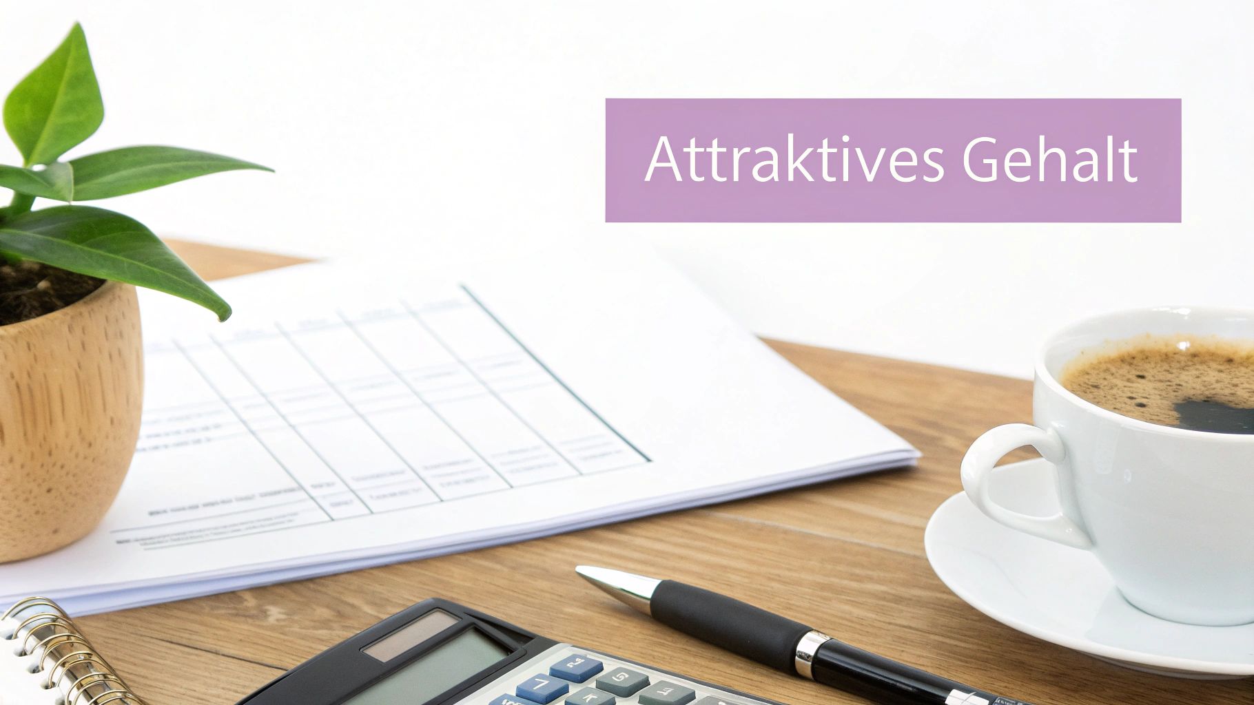 Bürotisch mit Pflanze, Dokumenten, Taschenrechner und Kaffeetasse, mit dem Text 'Attraktives Gehalt'.