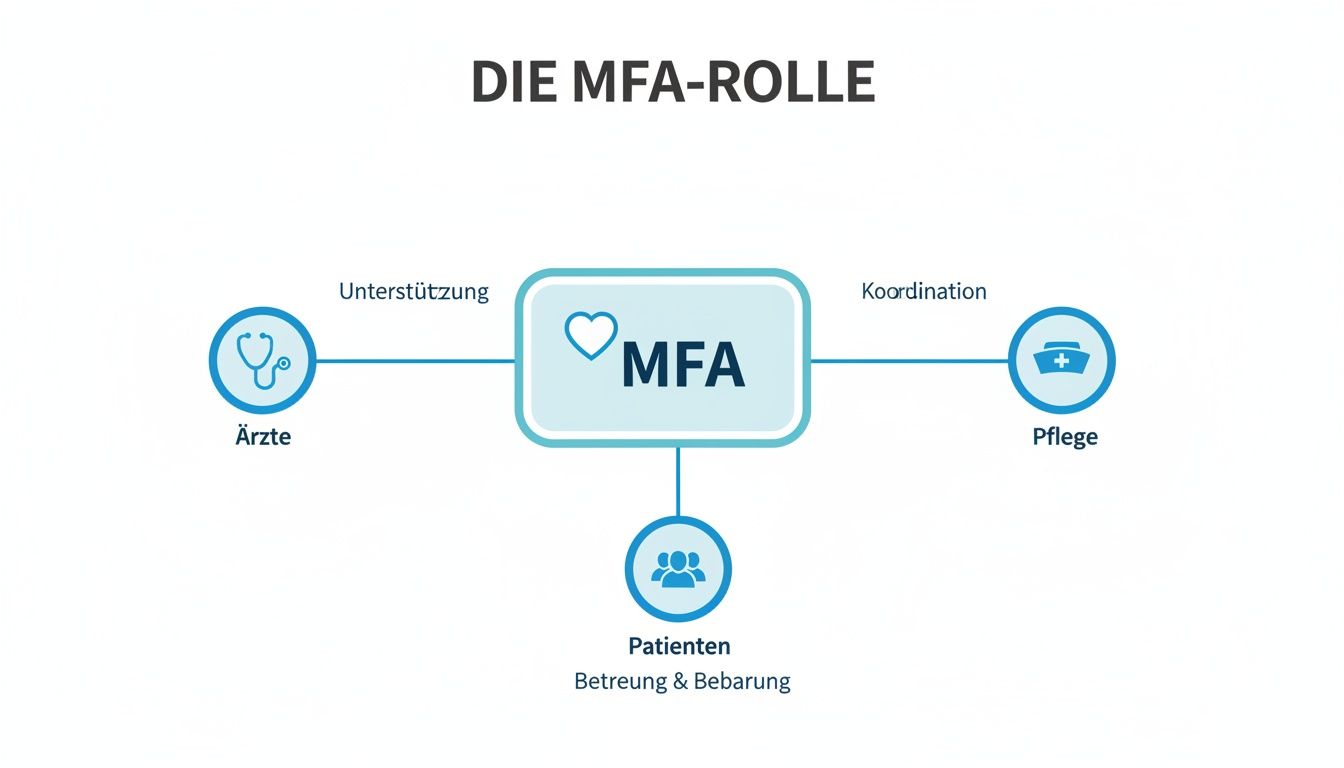 Schaubild: Die MFA-Rolle, verbindet Ärzte, Pflege und Patienten mit Unterstützung, Koordination und Betreuung.