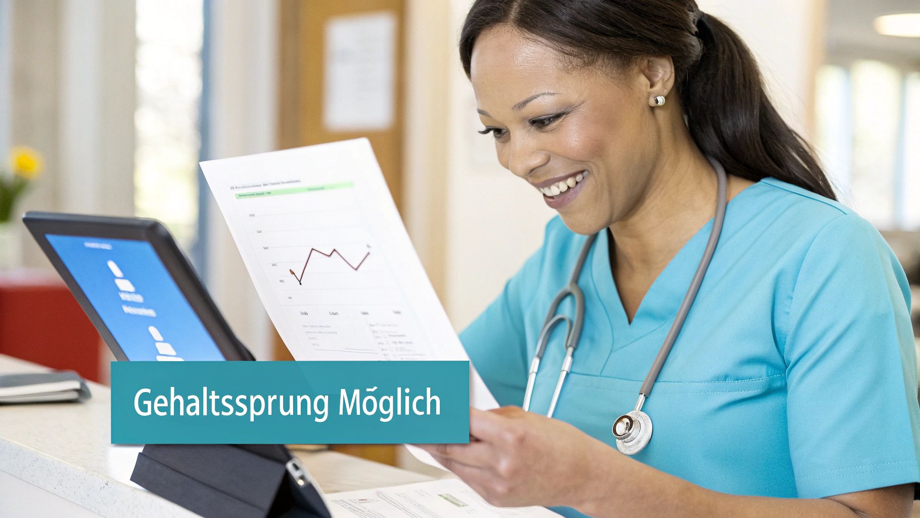 Lächelnde Pflegefachkraft prüft Dokument mit Diagramm, symbolisiert berufliche Weiterentwicklung und mögliche Gehaltssteigerung.