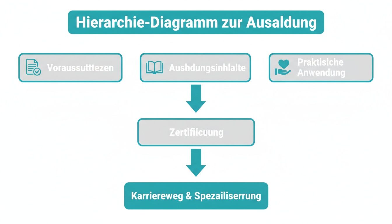Hierarchie-Diagramm zur Ausbildung, das Voraussetzungen, Inhalte, praktische Anwendung, Zertifizierung und Karrierewege darstellt.