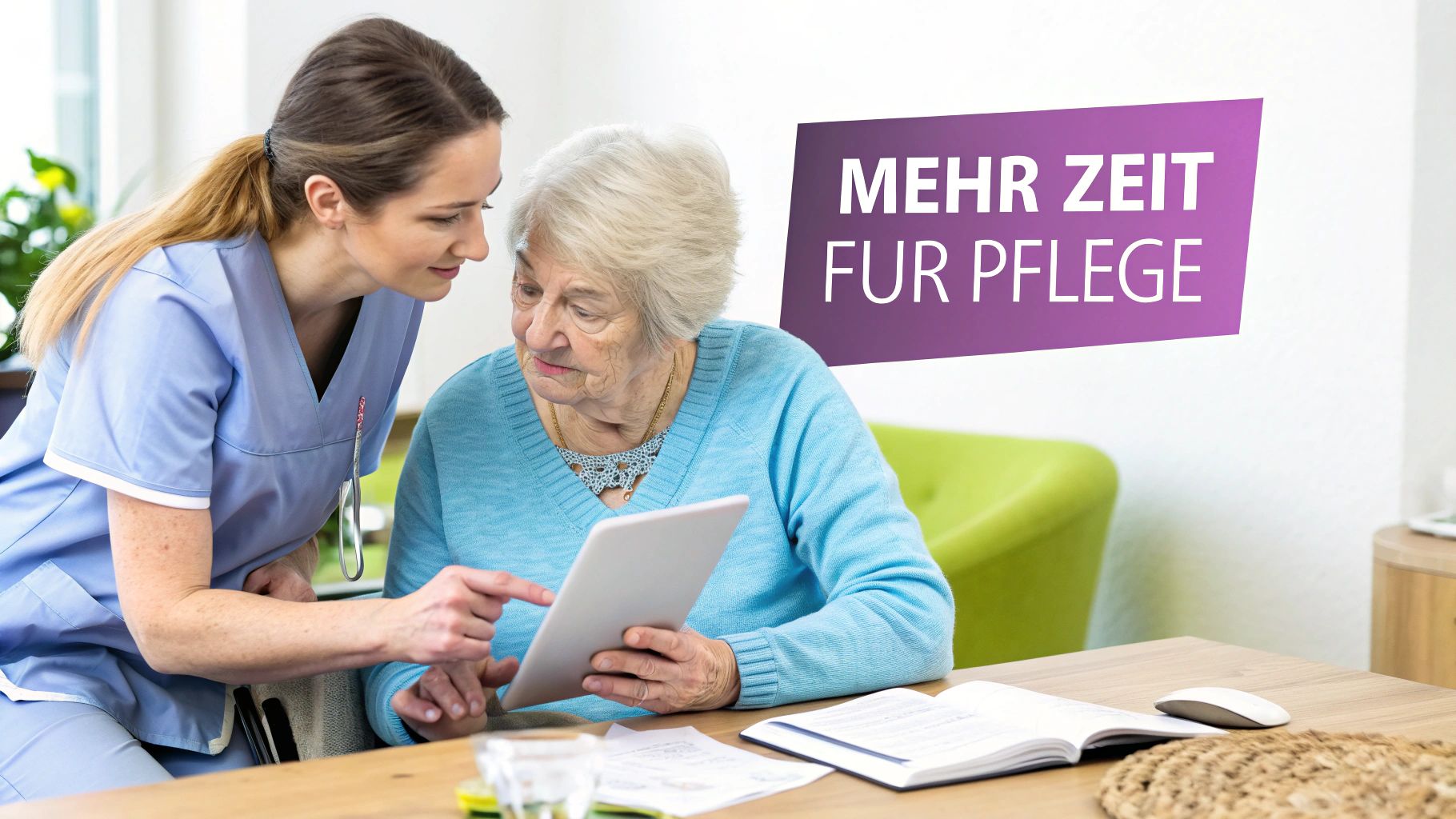 Pflegekraft erklärt einer älteren Frau die Nutzung eines Tablets. Das Thema ist „Mehr Zeit für Pflege“.