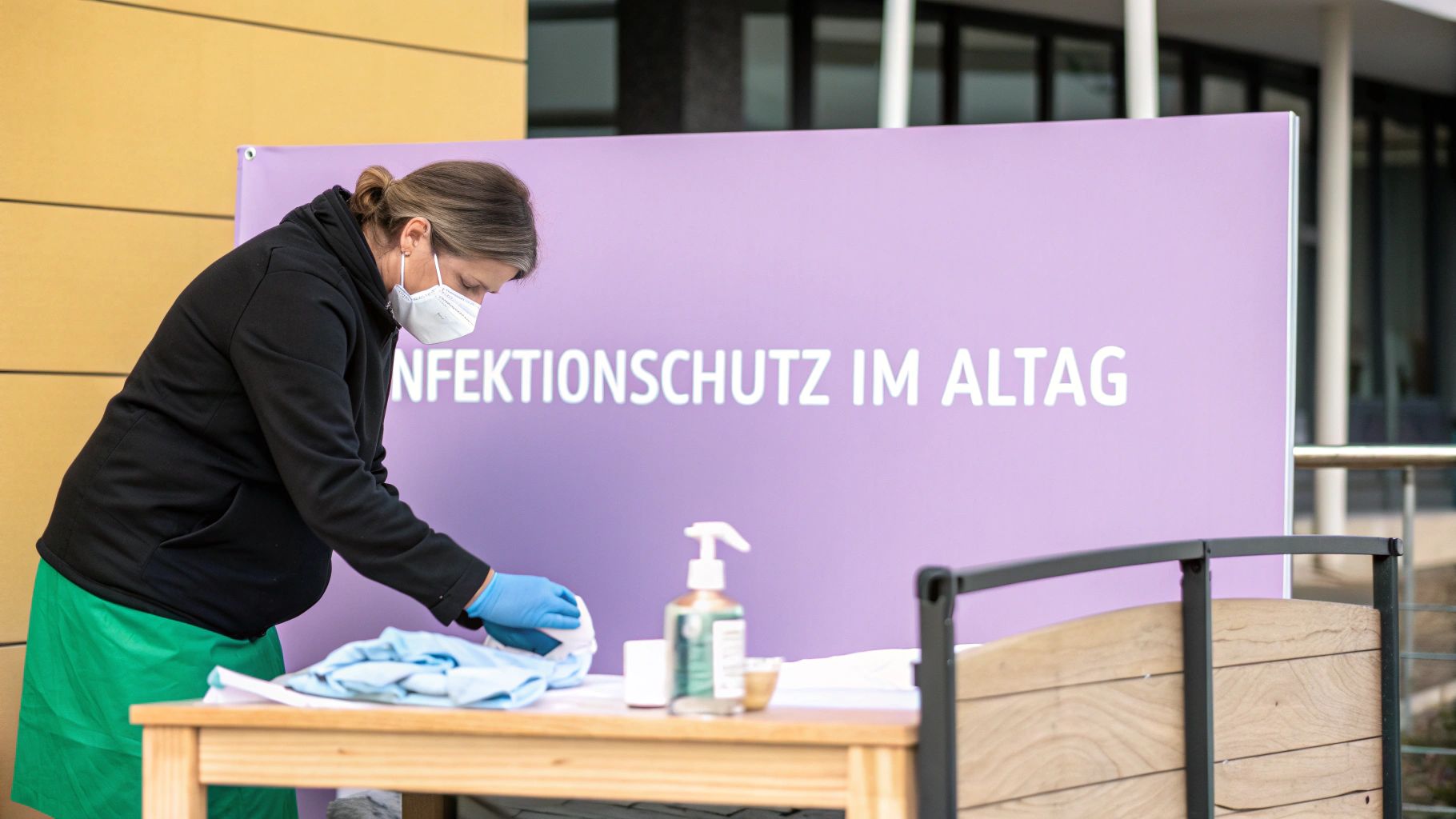 Person mit Maske und Handschuhen bereitet Gegenstände vor einem Schild mit "Infektionsschutz im Alltag" vor.