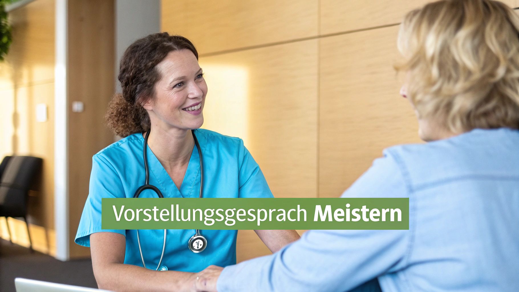 Eine lächelnde Krankenschwester mit Stethoskop im Gespräch mit einer Person, thematisch geht es um das Meistern eines Vorstellungsgesprächs.