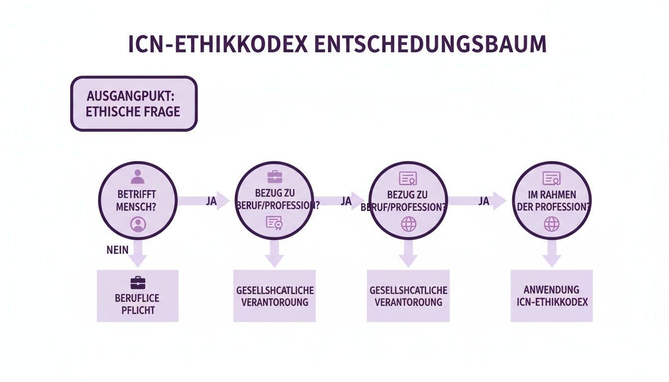 Entscheidungsbaum des ICN-Ethikkodex für ethische Fragen in der Pflege, zeigt Schritte zur Entscheidungsfindung.