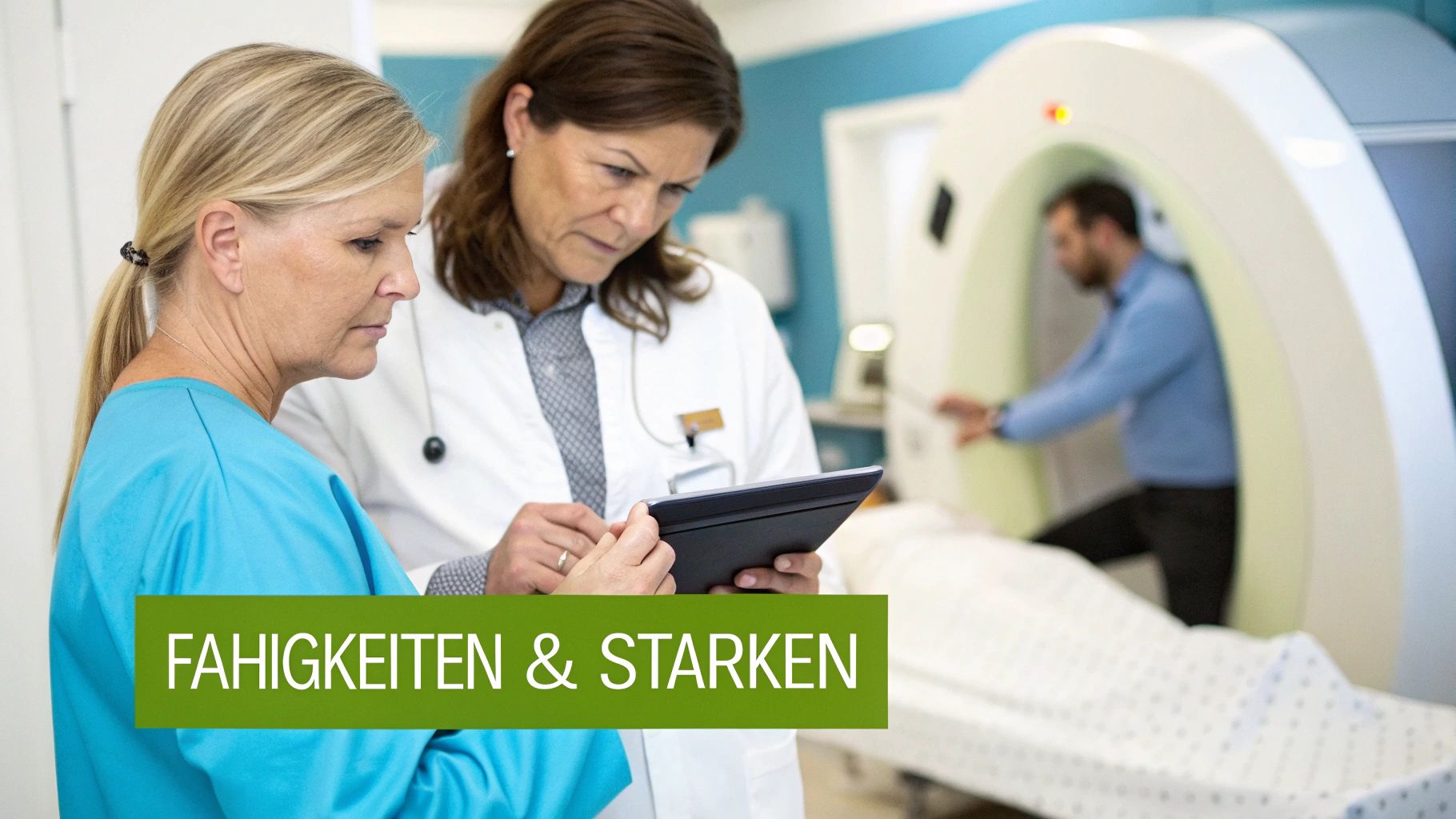 Zwei medizinische Fachkräfte besprechen Patientendaten auf einem Tablet in einem Krankenhaus mit CT-Gerät.