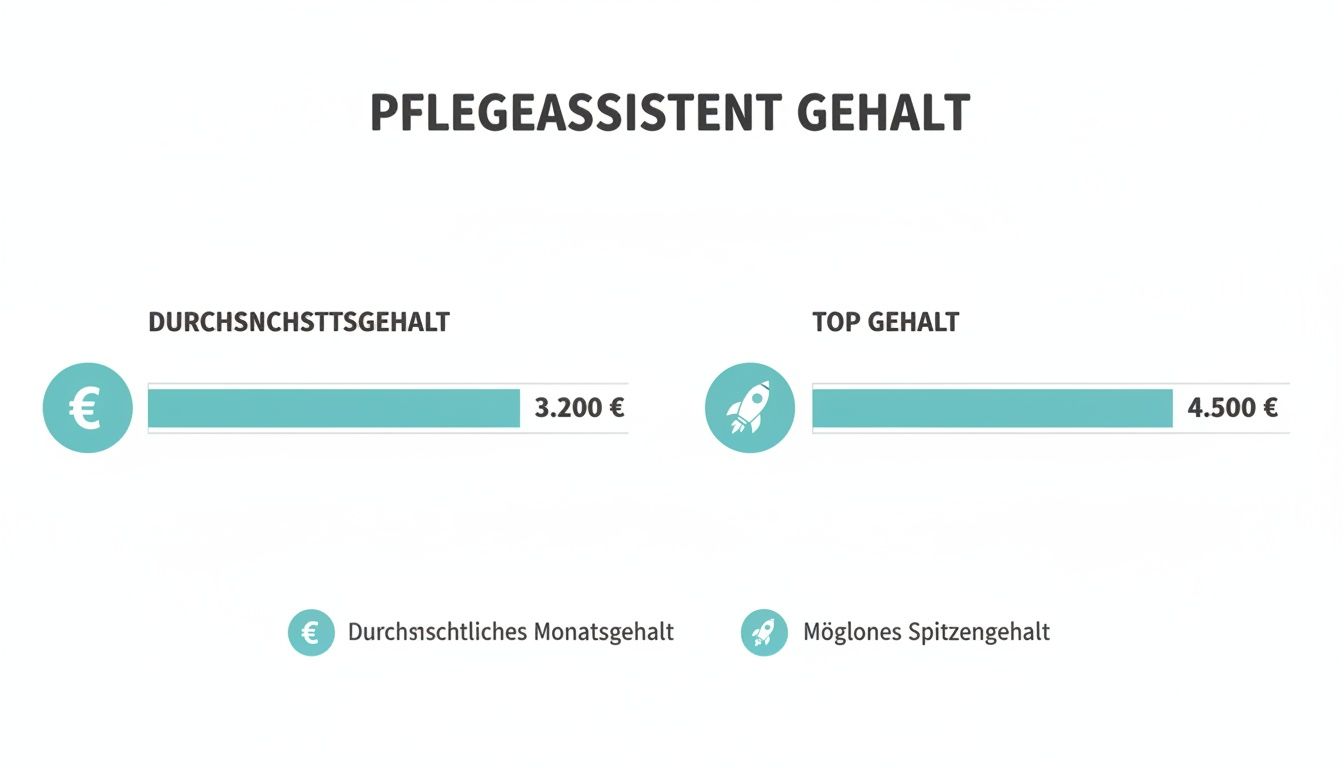 Übersicht des Pflegeassistent Gehalts, zeigt Durchschnittsgehalt von 3.200 € und Spitzeneinkommen von 4.500 €.