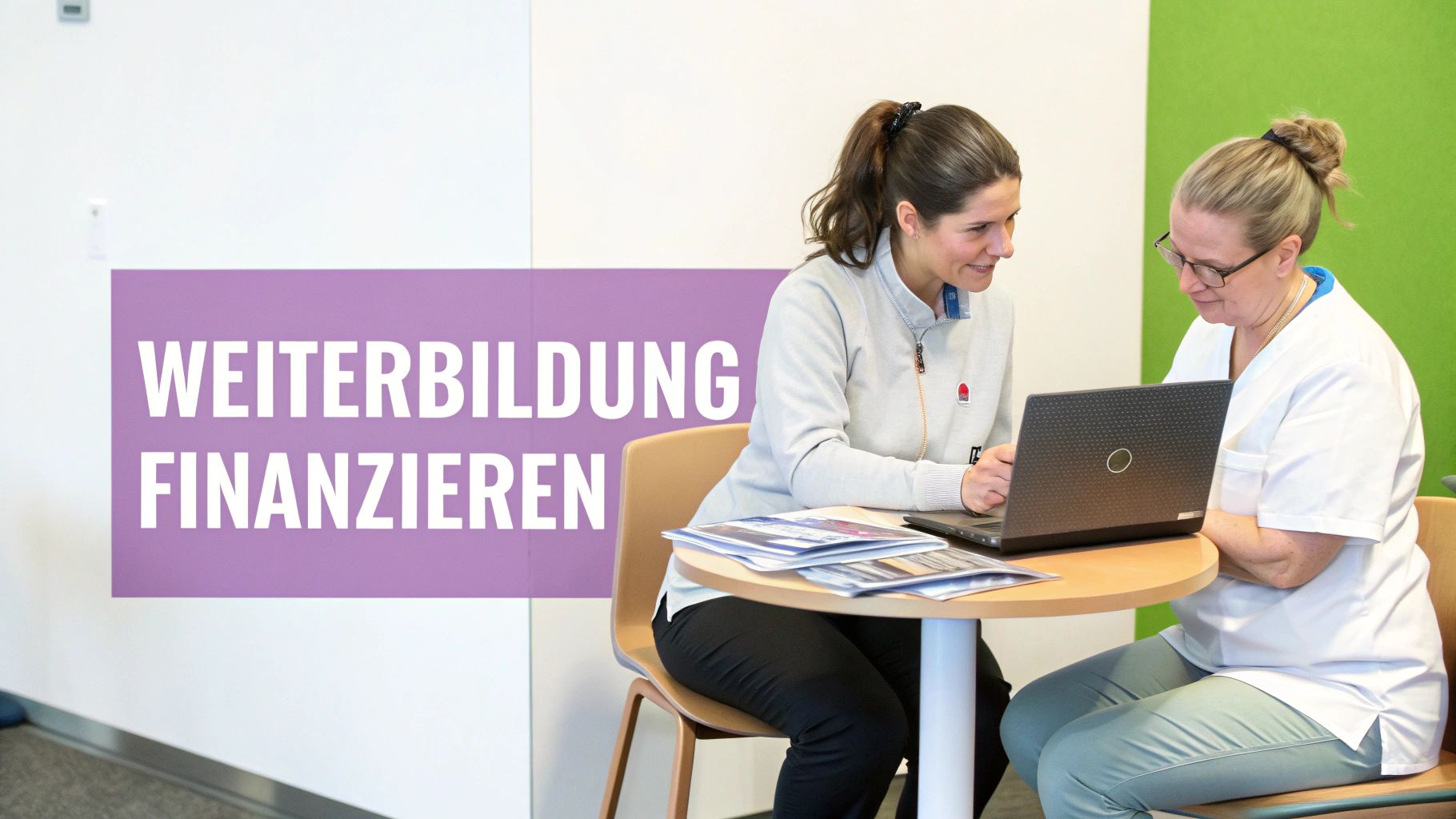 Zwei Frauen besprechen am Laptop Weiterbildungsmöglichkeiten. Eine lila Textbox zeigt 'WEITERBILDUNG FINANZIEREN'.