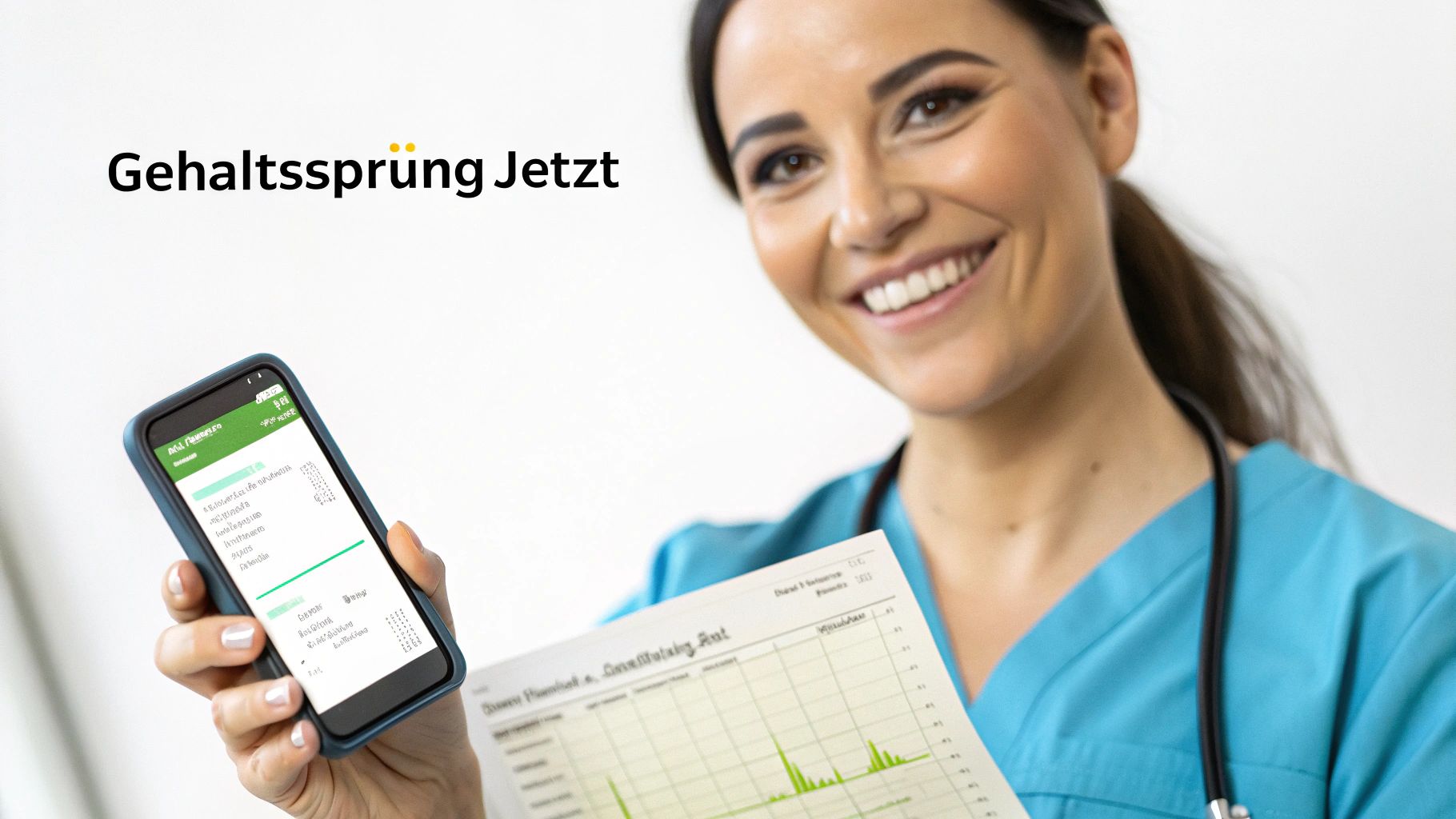 Eine lächelnde Pflegefachkraft hält ein Smartphone und ein Dokument mit "Gehaltssprung Jetzt" Schriftzug.