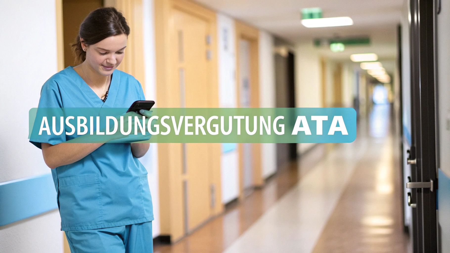 Junge Frau in OP-Kleidung blickt auf ihr Smartphone im Flur eines Krankenhauses mit dem Text: Ausbildungsvergütung ATA.