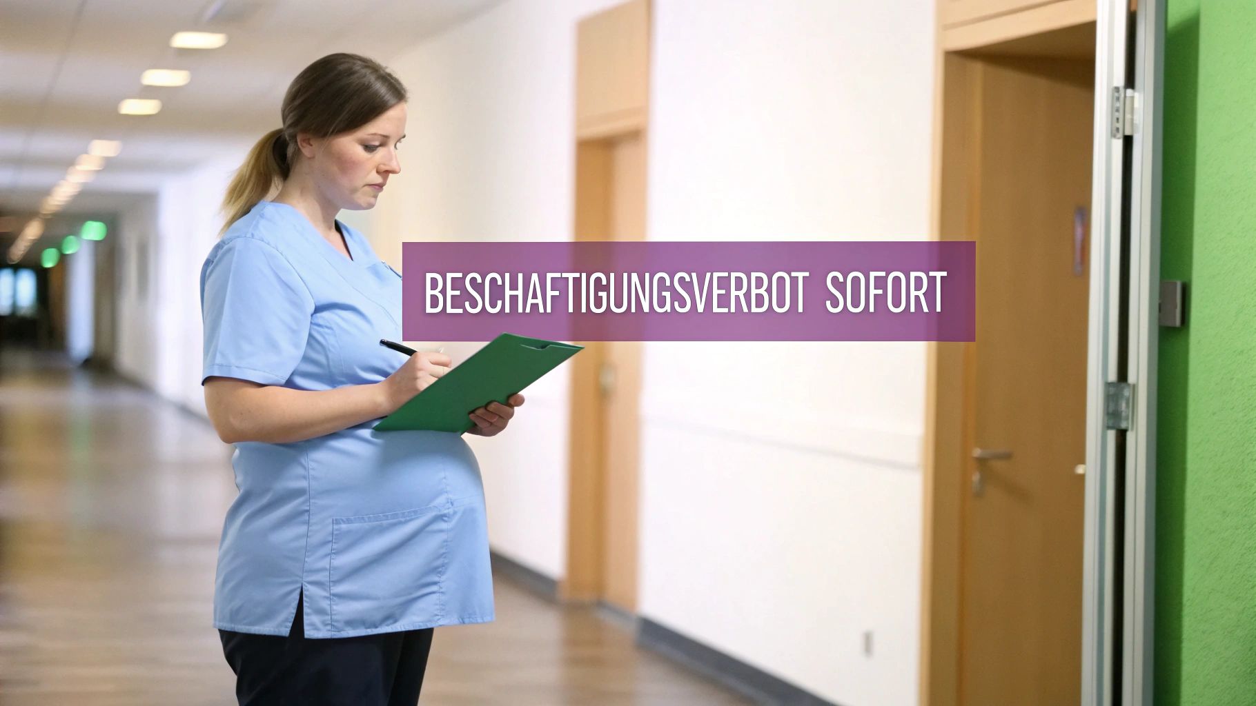 Schwangere Krankenschwester im Krankenhausflur mit Clipboard, dazu der Text „Beschäftigungsverbot sofort“.