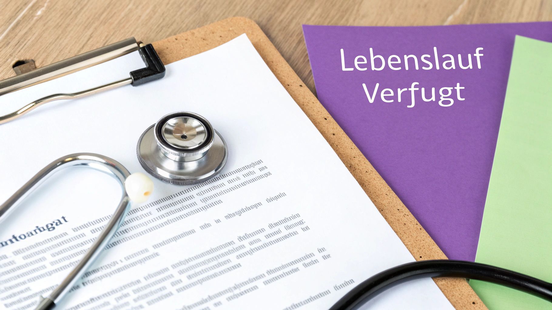 Stethoskop auf einem Dokument mit Text, daneben lila und grüne Papiere mit der Aufschrift 'Lebenslauf Verfügt'.