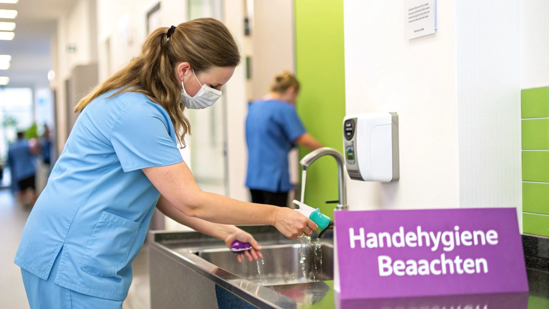 Eine Pflegekraft mit Maske wäscht medizinische Geräte an einem Waschbecken; ein Schild fordert zur Handhygiene auf.