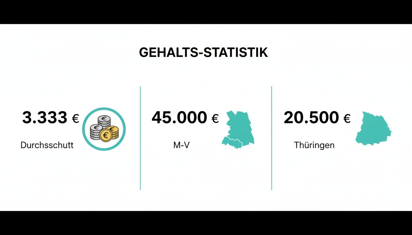Gehaltsstatistik: Durchschnittsgehalt von 3.333 €, sowie 45.000 € für M-V und 20.500 € für Thüringen.