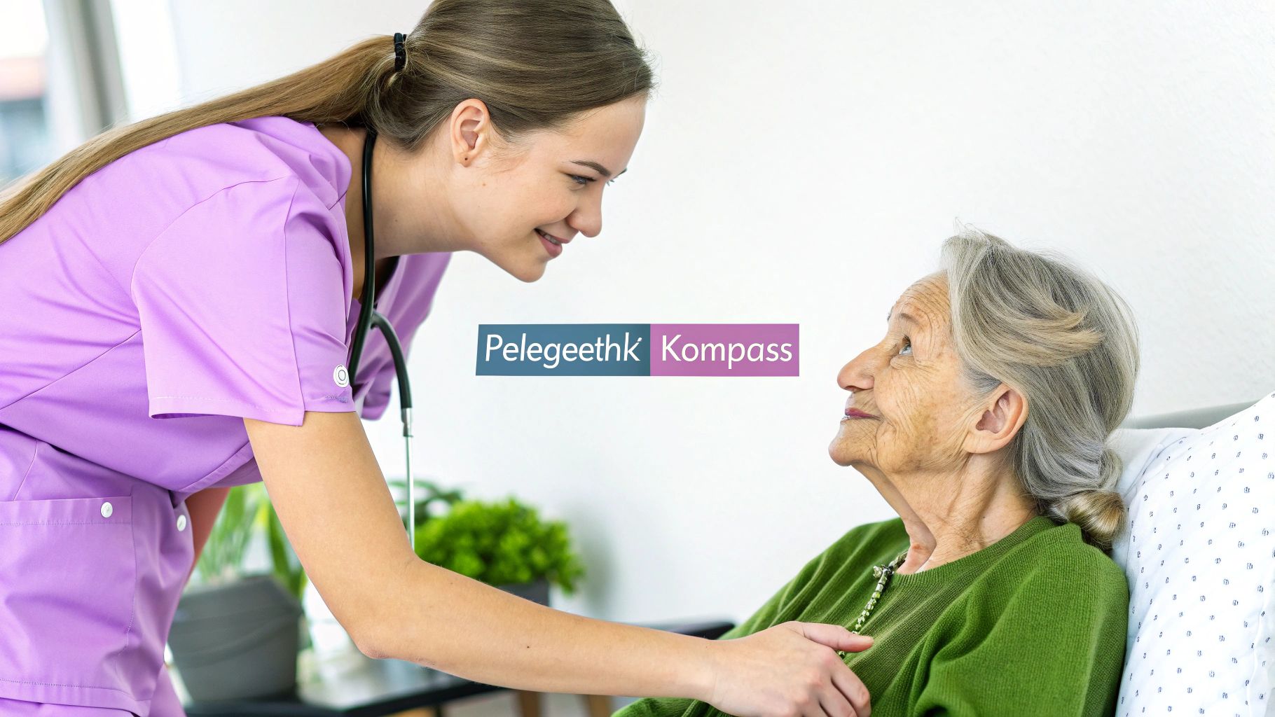 Eine lächelnde Pflegerin in lila Uniform unterhält sich mit einer älteren Patientin im Bett und hält ihre Hand. Logo: Pelegeethk Kompass.
