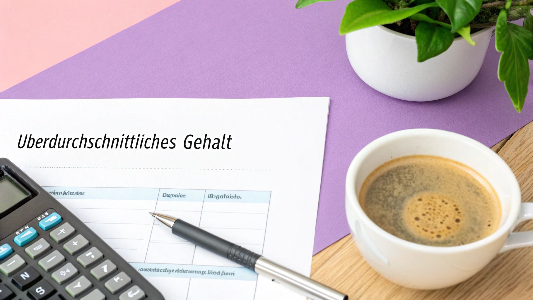 Ein Dokument mit der Überschrift „Uberdurchschnittliches Gehalt“ liegt auf einem Schreibtisch neben einem Taschenrechner, Stift und Kaffee.