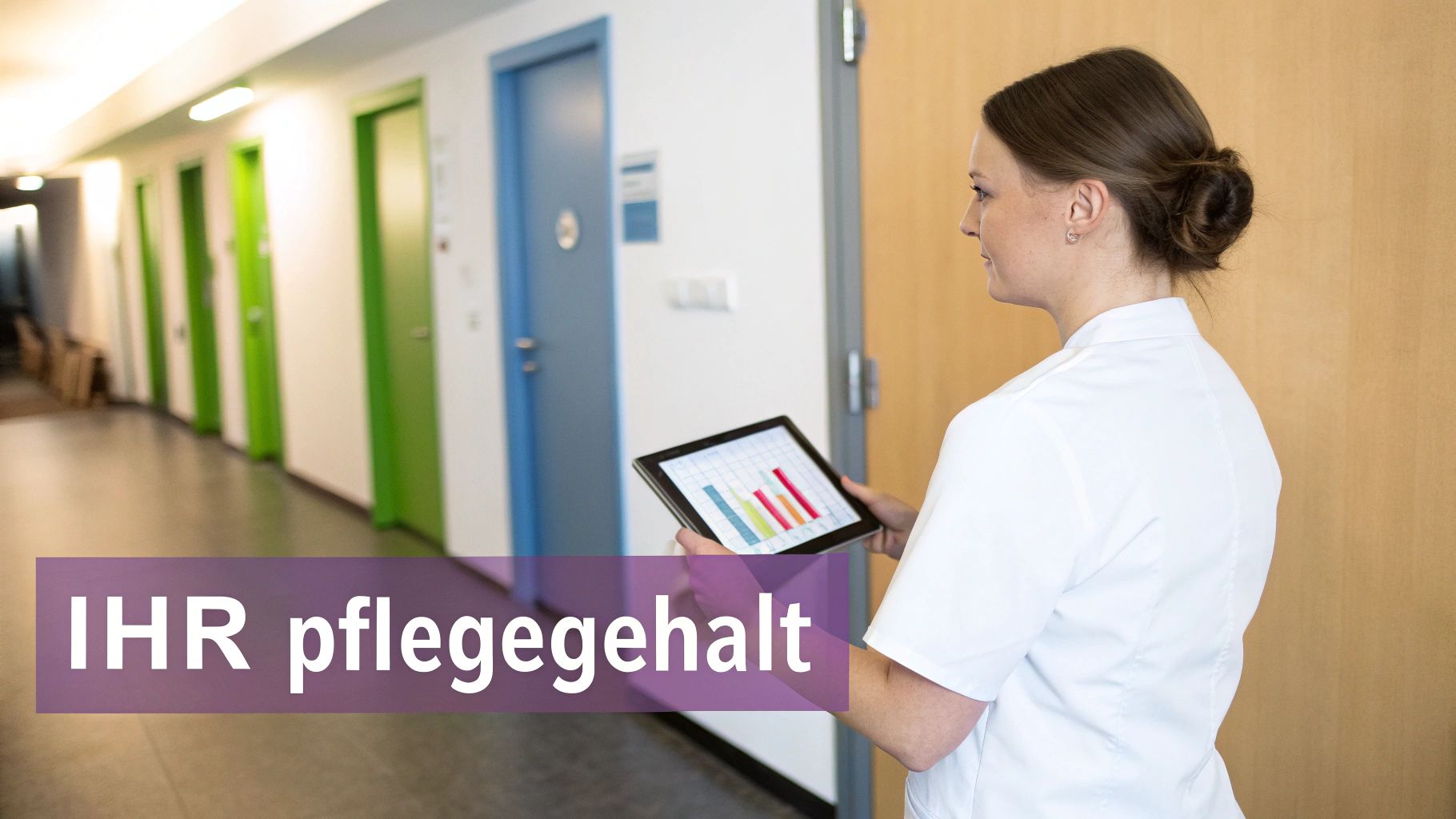 Pflegekraft im Flur hält ein Tablet mit Diagramm, überlagert mit dem Text 'IHR pflegegehalt'.