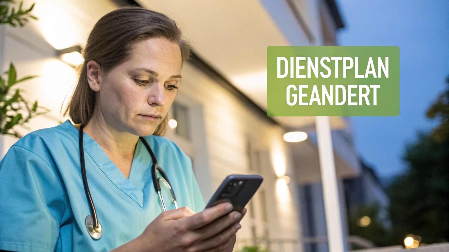 Eine medizinische Fachkraft in blauen Kasacks schaut besorgt auf ihr Smartphone mit der Meldung "Dienstplan geändert".