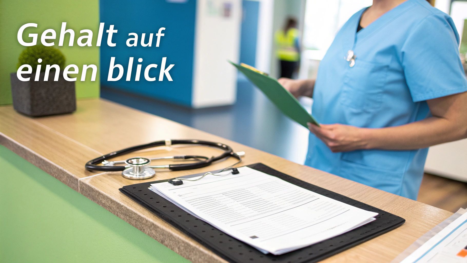 Eine Krankenschwester steht hinter einem Tresen mit Stethoskop und Dokumenten. Text: Gehalt auf einen Blick.