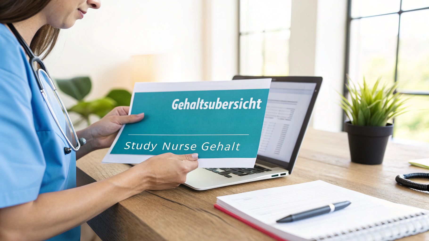 Eine Study Nurse in blauer Kleidung hält ein Dokument mit der Gehaltsübersicht und 'Study Nurse Gehalt' vor einem Laptop.