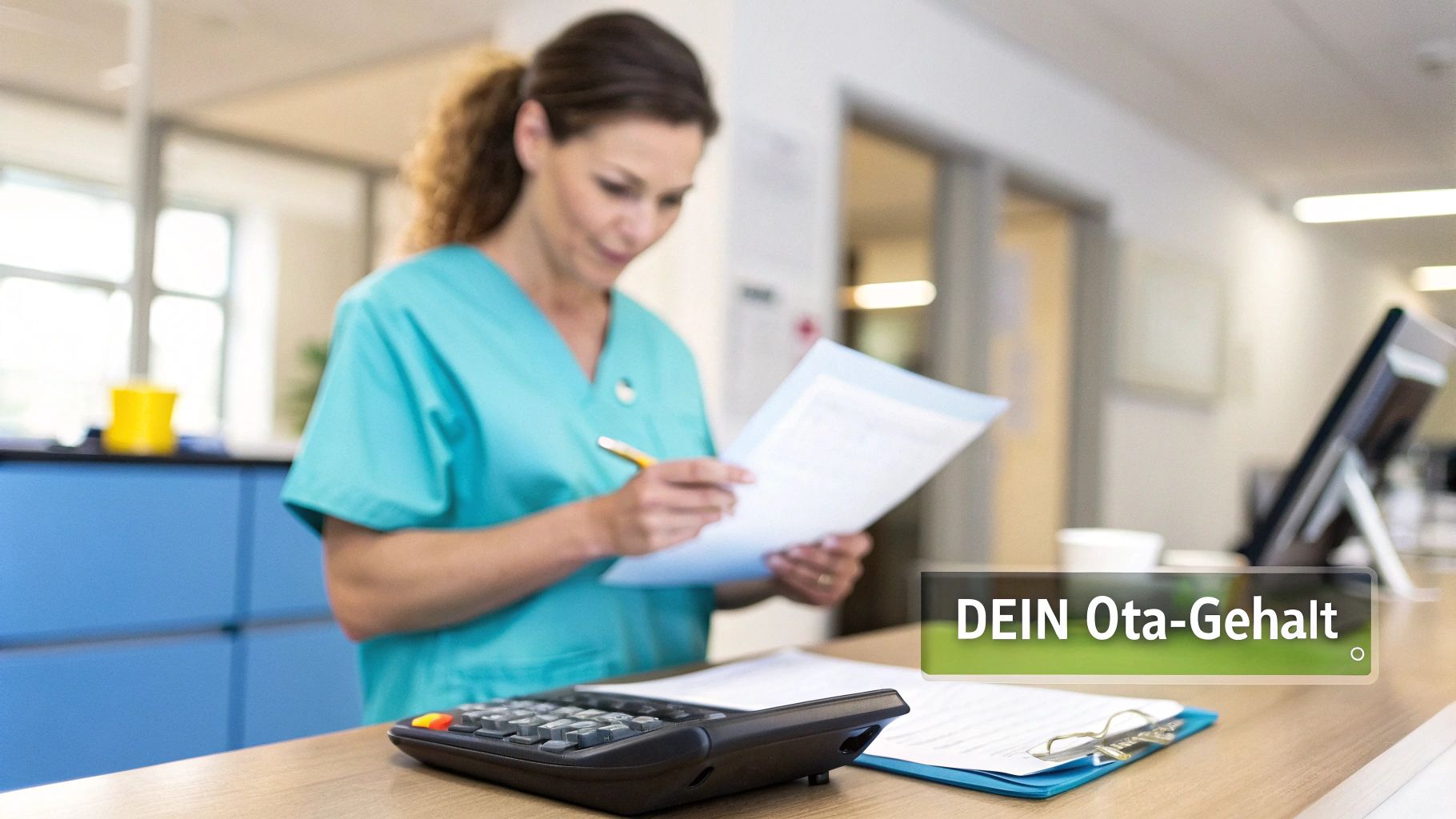 Eine Operationstechnische Assistentin (OTA) prüft Unterlagen an einem Schreibtisch. Im Bildtext steht 'DEIN Ota-Gehalt'.