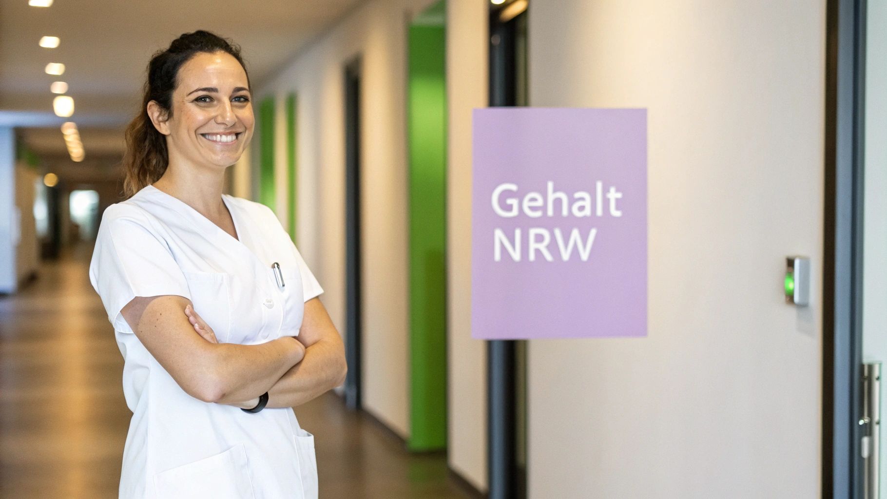 Eine lächelnde Krankenschwester in weißer Uniform steht mit verschränkten Armen in einem Krankenhausflur, neben einem Schild mit der Aufschrift "Gehalt NRW".