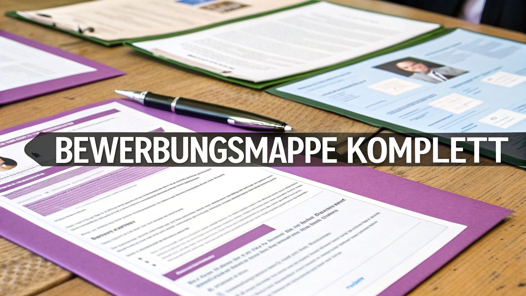 Mehrere offene Bewerbungsmappen und Dokumente liegen mit einem Stift auf einem Holztisch. Eine komplette Bewerbung, bereit zur Abgabe.