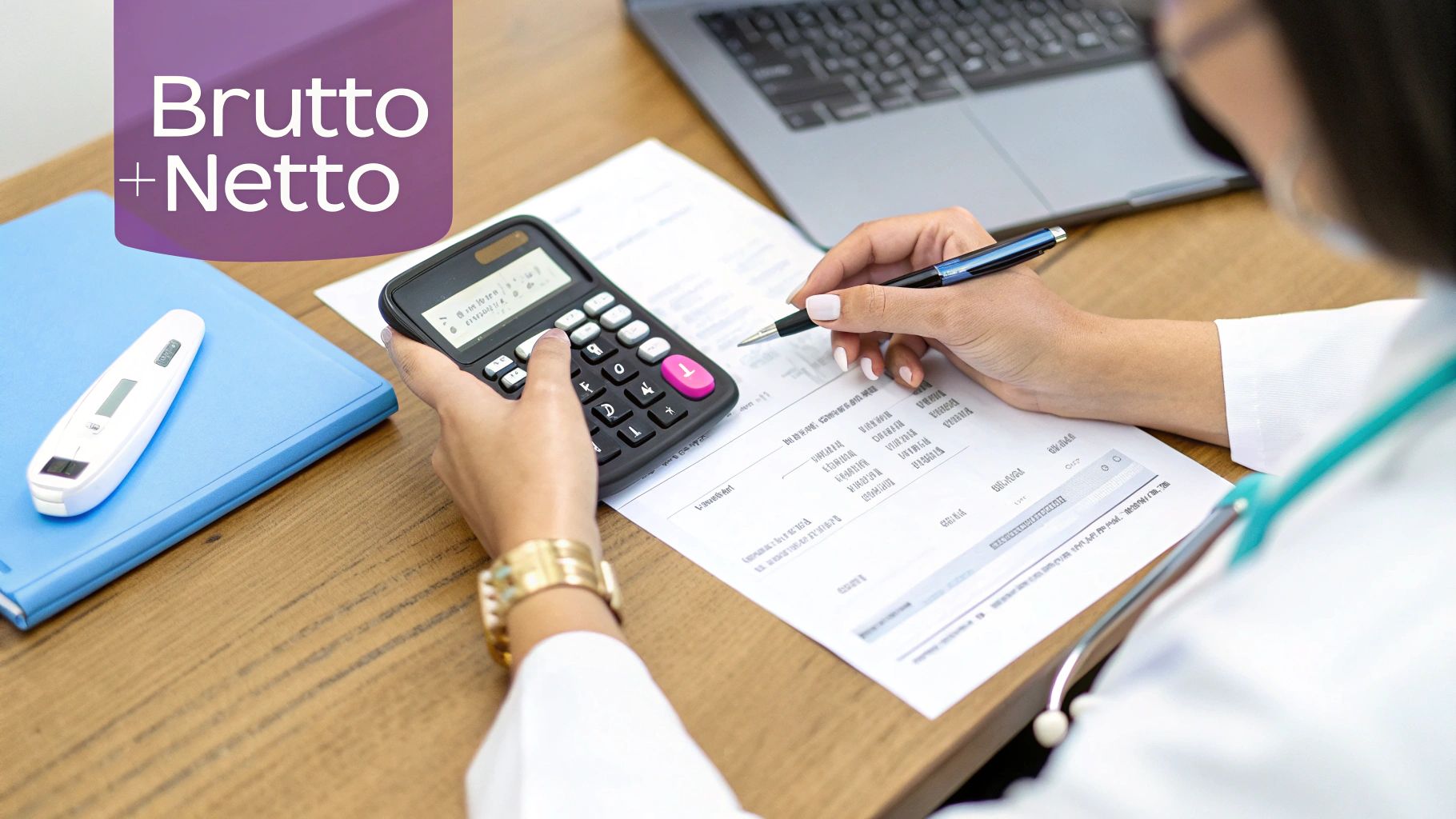 Medizinische Fachkraft berechnet Brutto-Netto-Gehalt am Schreibtisch mit Taschenrechner und Unterlagen.