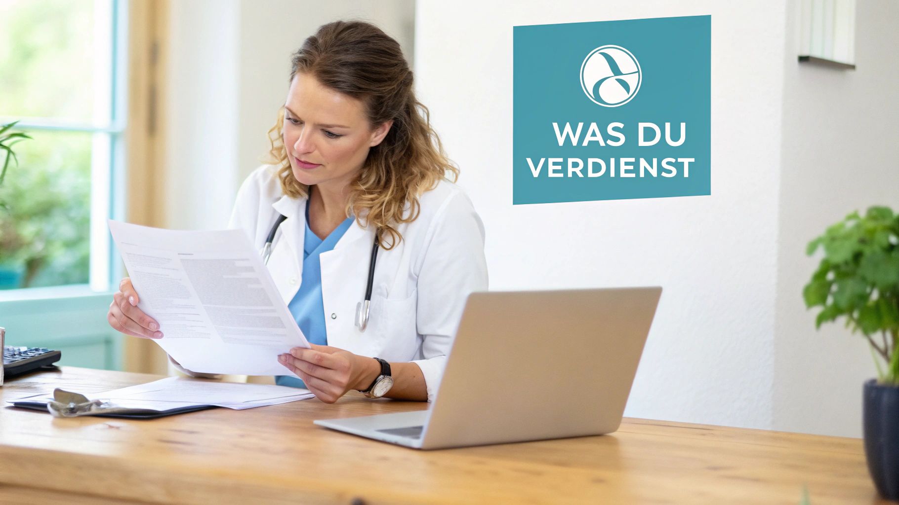Eine Ärztin in weißem Kittel liest Dokumente an einem Schreibtisch. Im Hintergrund ist ein Schild mit der Aufschrift 'WAS DU VERDIENST' zu sehen.