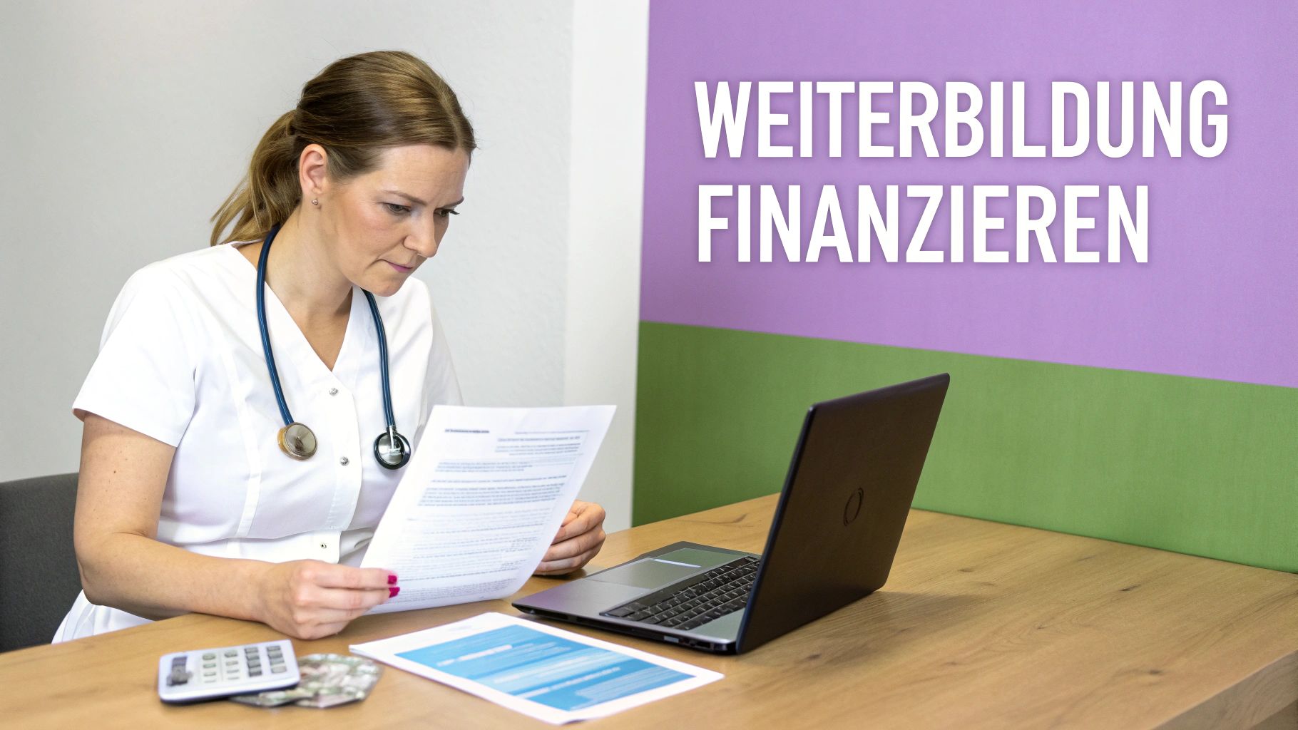 Eine medizinische Fachkraft mit Stethoskop liest Dokumente an einem Schreibtisch, um ihre Weiterbildung zu finanzieren.