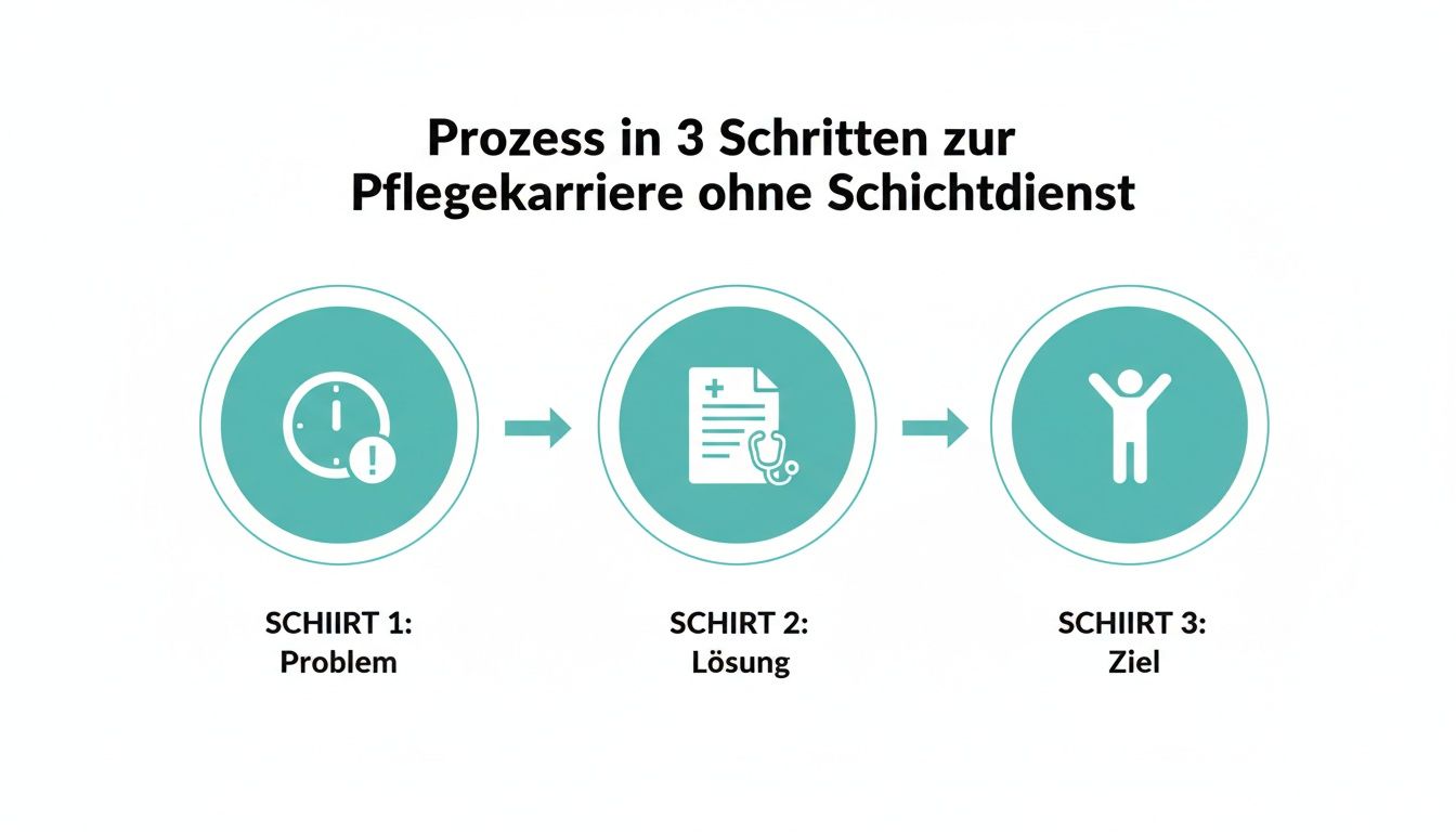 Infografik: Prozess in 3 Schritten zur Pflegekarriere ohne Schichtdienst, von Problem über Lösung zum Ziel dargestellt.
